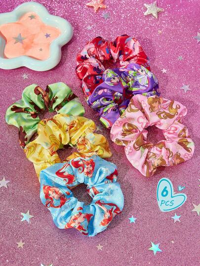 The Winx X SHEIN 6 Adet Tatlı ve Sevimli Çizgi Film Baskılı Saç Tokası, Şık Parlak Saten Görünümlü Şeker Renkli Saç Lastikleri, Evde veya Dışarıda Kullanıma Uygun, Özellikle Yüksek At Kuyruğu İçin, Y2K