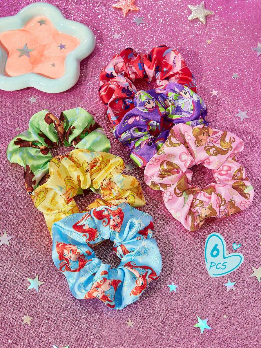 The Winx X SHEIN 6 chiếc dây buộc tóc in hình hoạt hình dễ thương, chất liệu satin bóng mượt, màu sắc kẹo ngọt, thích hợp dùng ở nhà hoặc đi chơi, đặc biệt là cho kiểu tóc đuôi ngựa cao, phong cách Y2K. - Nhiều màu - Xem 1