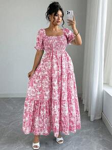 Elenzga Women's Bohemian Pink Random Print Long A Line Plus Size Dress With Square Neck Shirred Short Puff Sleeves And Flared Hem Resort Style - Pink - View 3