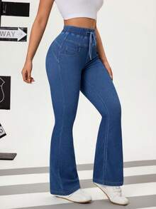 SHEIN Essnce 女士纯色简约日常牛仔裤 - 藍色 - 查看 4