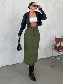 SHEIN Cottnline Women's Vintage Denim Skirt - Dark Green - View 6