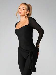 MISSGUIDED 长袖方领修身中长连衣裙，裹身设计，薄纱袖，适合晚间场合 - 黑色 - 查看 6