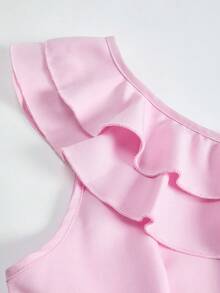 SHEIN ChillGRL Mono con volantes asimétricos en los hombros y cinturón a juego, elegante para adolescentes, apropiado para uso diario, ir al trabajo, casual, vacaciones, reuniones y estilo callejero - Rosa - Ver 5