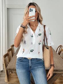 Louniche 标准尺码女士休闲印花简约短袖衬衫 - 白色 - 查看 5