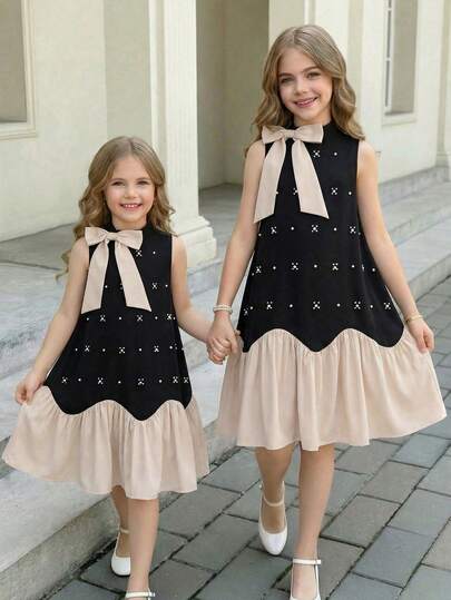 SHEIN Tween Girl Cute Loose Elegant Stand Collar Contrast Color Big Bow Beaded Decor Hem Contrast Color Multi-Layer Ruffle Hem Black Dress, Bow Dress, Toddler Girl Dress, Kids Black And Beige Dress, Tween Girl Dress