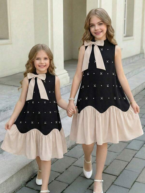 SHEIN Tween Girl Cute Loose Elegant Stand Collar Contrast Color Big Bow Beaded Decor Hem Contrast Color Multi-Layer Ruffle Hem Black Dress, Bow Dress, Toddler Girl Dress, Kids Black And Beige Dress, Tween Girl Dress