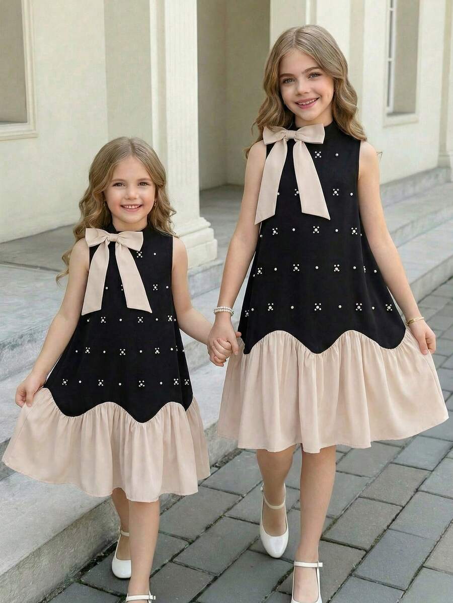 SHEIN Serisse Kids 少女可愛寬鬆優雅立領撞色大蝴蝶結珠飾下擺多層荷葉邊黑色洋裝,少女米色款 - 黑色 - 查看 1