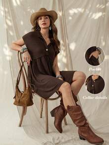 Wildy Women's Dark Brown Boho Summer Dress,American Western Country Vintage Daily Basic Outfits With Pockets,Short Sleeve Vacation Holiday Spring Dress - Coffee Brown - View 3