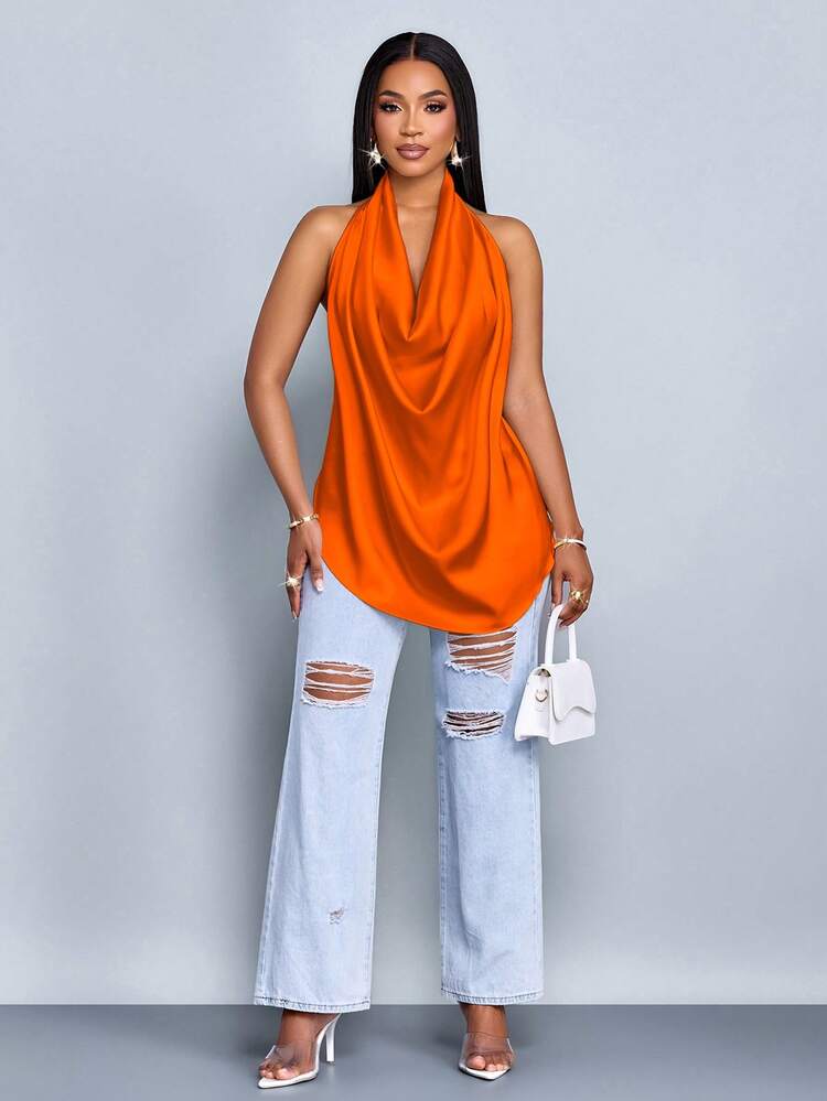 SOLERSUN Prenda de vestir de mujer para primavera y verano, de uso casual y vacacional, con escote en V profundo, tirantes halter, cuello swing, bajo curvo, espalda descubierta y tela tejida de color albaricoque brillante - Naranja - Añade 7