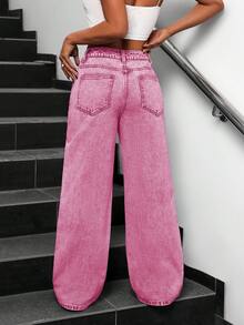 SHEIN PETITE Jeans larges décontractés et amples pour femmes, convenant pour les déplacements quotidiens - Rose bonbon - Voir 2