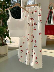 Comfortcana 两件套女士休闲蕾丝边吊带背心和蓝白条纹裤，返校季 - 彩色 - 查看 2