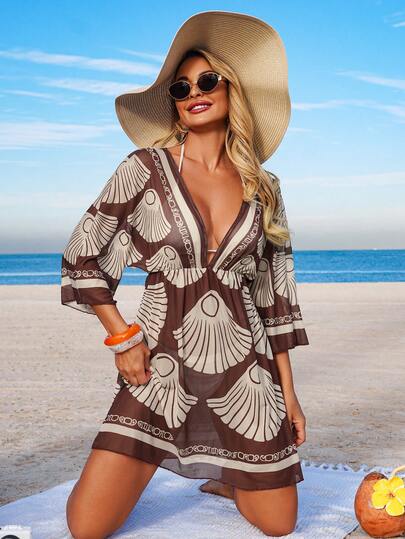 Swim Lushoire Women's Spring/Summer Beach Dress, Floral Print V-Neck Waist Cinched Vacation Dress, Cover-Up Set Bathing Suits With Coverup Swimwear Coverups Beach Vacation Dress Bikini Cover Up Dress Beach Coverup Women