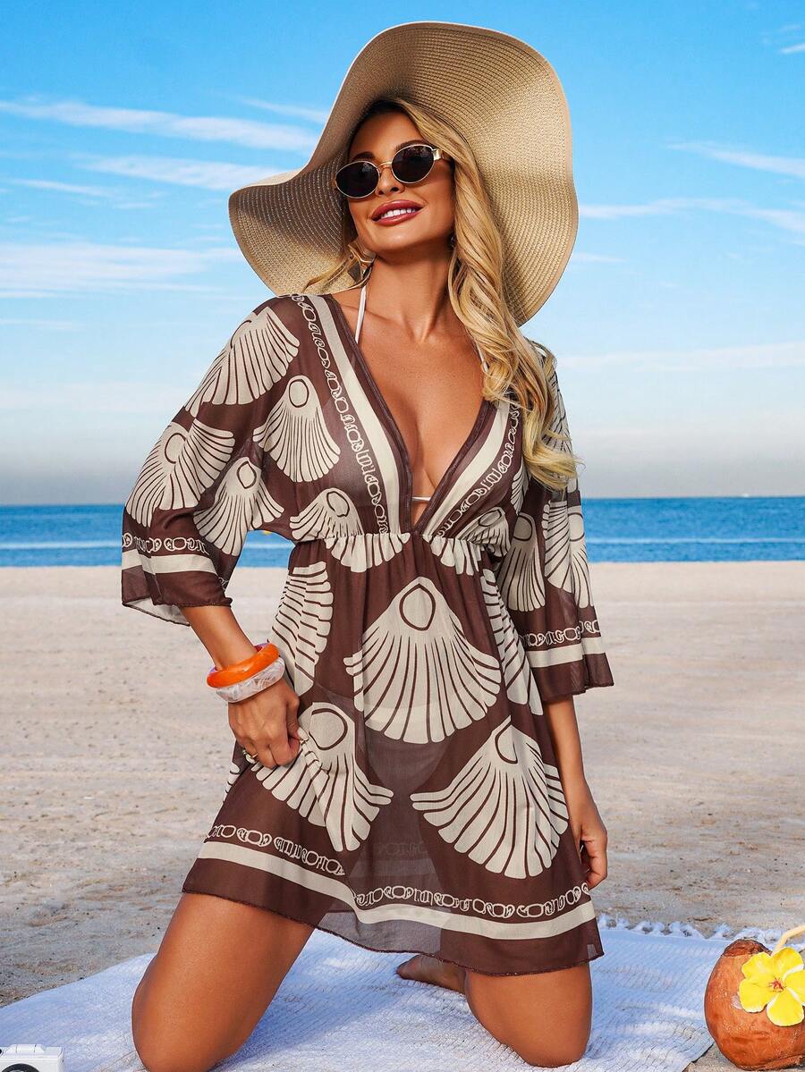 Swim Lushoire Women's Spring/Summer Beach Dress, Floral Print V-Neck Waist Cinched Vacation Dress, Cover-Up Set Bathing Suits With Coverup Swimwear Coverups Beach Vacation Dress Bikini Cover Up Dress Beach Coverup Women - Coffee Brown - View 1
