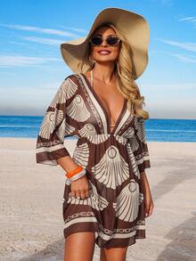 Swim Lushoire Women's Spring/Summer Beach Dress, Floral Print V-Neck Waist Cinched Vacation Dress, Cover-Up Set Bathing Suits With Coverup Swimwear Coverups Beach Vacation Dress Bikini Cover Up Dress Beach Coverup Women - Coffee Brown - View 3