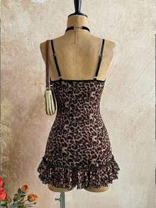 Attitoon 休闲复古朋克 Y2K 百搭派对、音乐节、哥特风、西部风豹纹网纱蕾丝拼接蝴蝶结荷叶边迷你连衣裙，适合夏季外出穿着。 - 彩色 - 查看 2