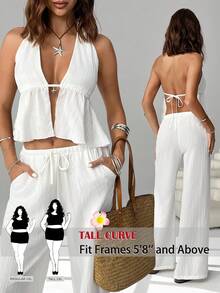 SHEIN Tall CURVE Bộ đồ 2 mảnh thời trang dành cho nữ cỡ lớn, màu trơn, có bèo nhún ở gấu, kiểu áo yếm hở lưng và quần. - trắng - Xem 3