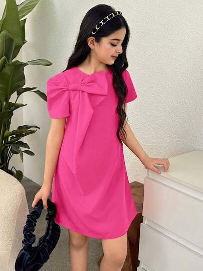 SHEIN Tween Girl Woven Solid Color 3D Bow Short Sleeve Elegant Fashion High-End T-Shirt Dress, Suitable For Commuting