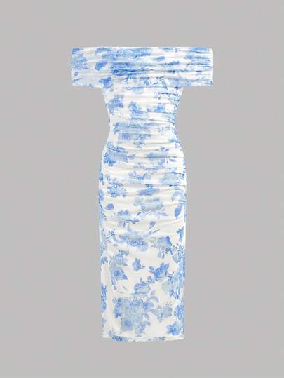 SHEIN Girlism Kids Tween Girl Casual Minimalist Comfortable Off Shoulder Cinched Waist Snug Fit Midi Dress Light Blue Dress Women Blue And White Dress Off Shoulder Dress Floral Dress,Kids