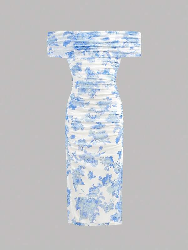 SHEIN Girlism Kids Tween Girl Casual Minimalist Comfortable Off Shoulder Cinched Waist Snug Fit Midi Dress Light Blue Dress Women Blue And White Dress Off Shoulder Dress Floral Dress