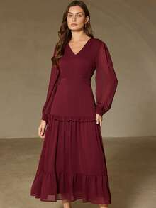Revavyn Đầm chiffon màu trơn thanh lịch kiểu Pháp, cổ chữ V, tay phồng, eo xếp ly, thích hợp cho các buổi hẹn hò và kỳ nghỉ. - Màu Đỏ Sâu - Xem 3