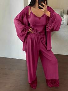 DAZY 3pcs Lace Patchwork Robe, Camisole & Pants Women Sleepwear Set - Hot Pink - View 5