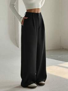 FavEase 女士高端优雅修身休闲阔腿裤 - 黑色 - 查看 3