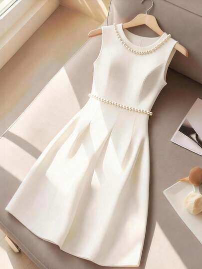 Franclia 女士纯色法式珍珠领无袖连衣裙