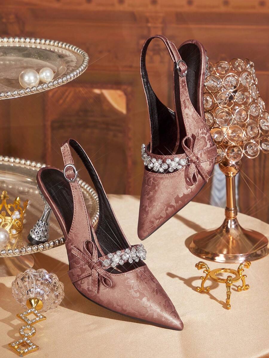 CUCCOO TILAWA Women's Elegant Bronze-Tone Printed PU With Faux Diamond Chain High Stiletto Pointed Toe Pumps (Shoe Vamp Pattern Random) - Bronze - View 1