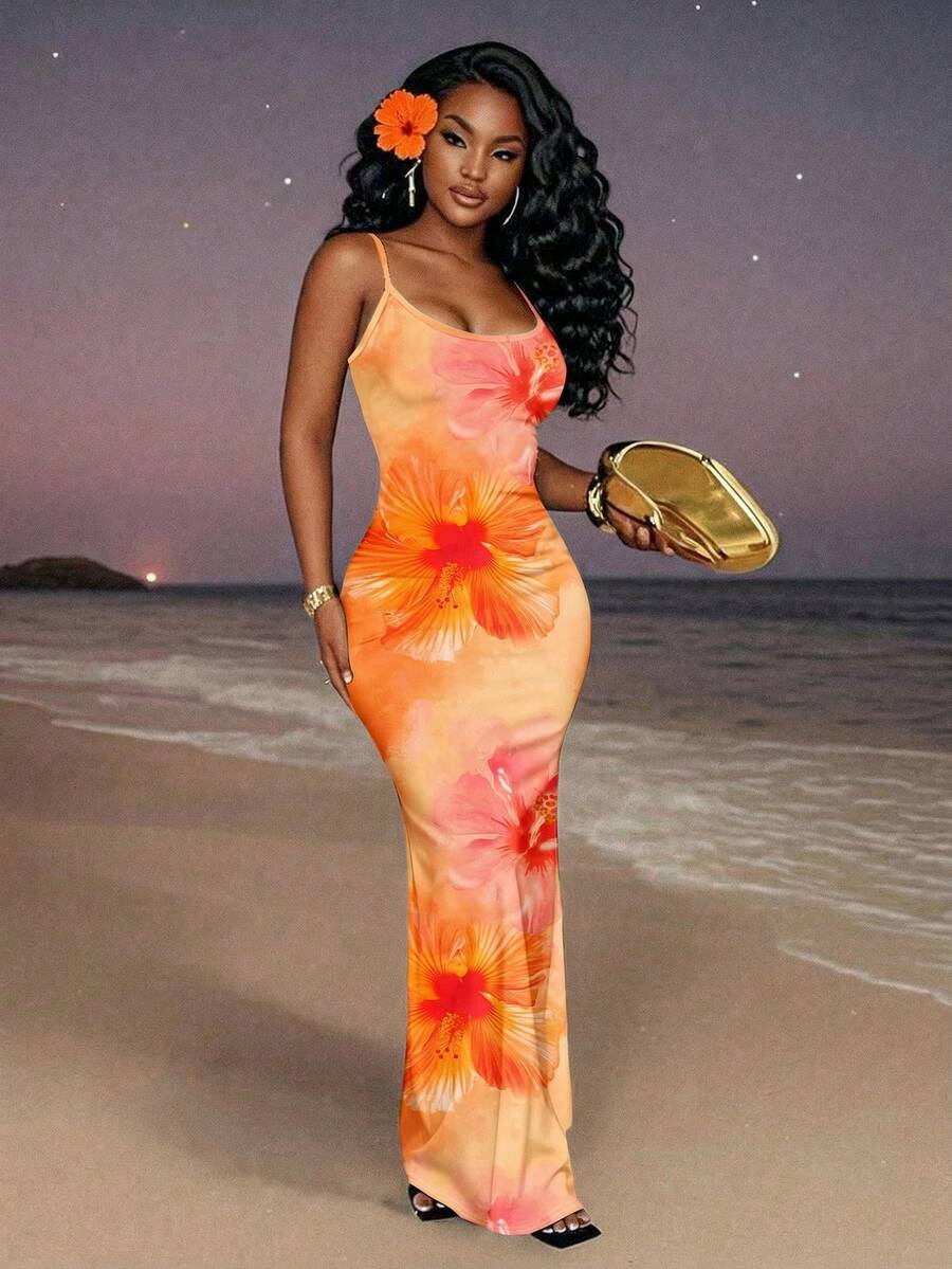 Slaydiva Vestido maxi cómodo con estampado floral de teñido anudado naranja, adecuado para fiestas en la playa, de estilo minimalista, bohemio, elegante y romántico, retro, para primavera/verano - Multicolor - Ver 1