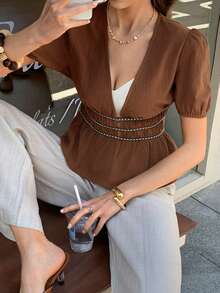 Elyressa Women's Casual Deep V-Neck Short Sleeve Shirt - Brown - View 4