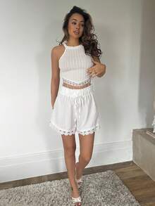 RebeccaVibe Summer Clothes 3-Piece Women Beach Vacation Outfits: Lace Trim Tie Waist Cover Up, Swimsuit Top, Shorts - White - View 1