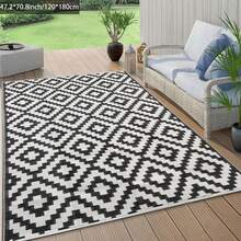 1Pc(120cm*180cm/47.24inch*70.87inch)Waterproof Outdoor Rug, Reversible Plastic Straw Patio Rug For Camping, RV Mat Outside, Indoor Outdoor Carpet For Porch, Deck, Backyard, Camper, Balcony, Picnic, Black & White - Black and White - View 3