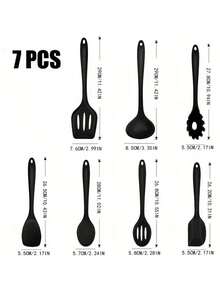 7pcs Household Silicone Kitchen Cooking Set: Spatula, Ladle, Slotted Spatula, Frying Spatula, Pasta Spoon, Salad Spatula, Honey Spatula, Black - Black - View 3
