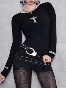 ROMWE Avant Y2K Punk Cross Rivet Design Fitted Long Sleeve Solid Color Versatile Women T-Shirt, Plus Size - Black - View 6