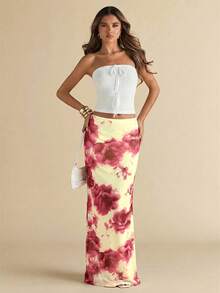 SHEIN BAE 女士印花网纱中长裙，夏季 - 紅色 - 查看 6