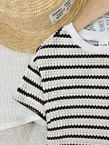 SHEIN LMoss Kids LMoss   2pcs Baby Girl Knitted Striped Casual T-Shirt And Shorts Set Two Piece Baby Outfit Toddler Two Piece Sets Baby Knit Set Baby Girl Set Stripes - Black and White - View 4