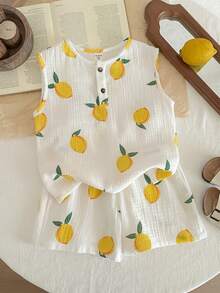 LMoss Kids 2pcs/Set Young Boy Knitted Lemon Pattern Vest & Shorts Set, Casual & Cute - White - View 1