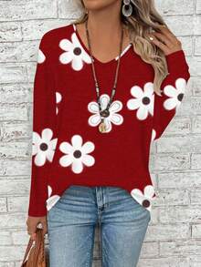 EMERY ROSE Áo thun dài tay dáng rộng, cổ chữ V, in hoa, dành cho nữ cỡ lớn - Đỏ - Xem 1