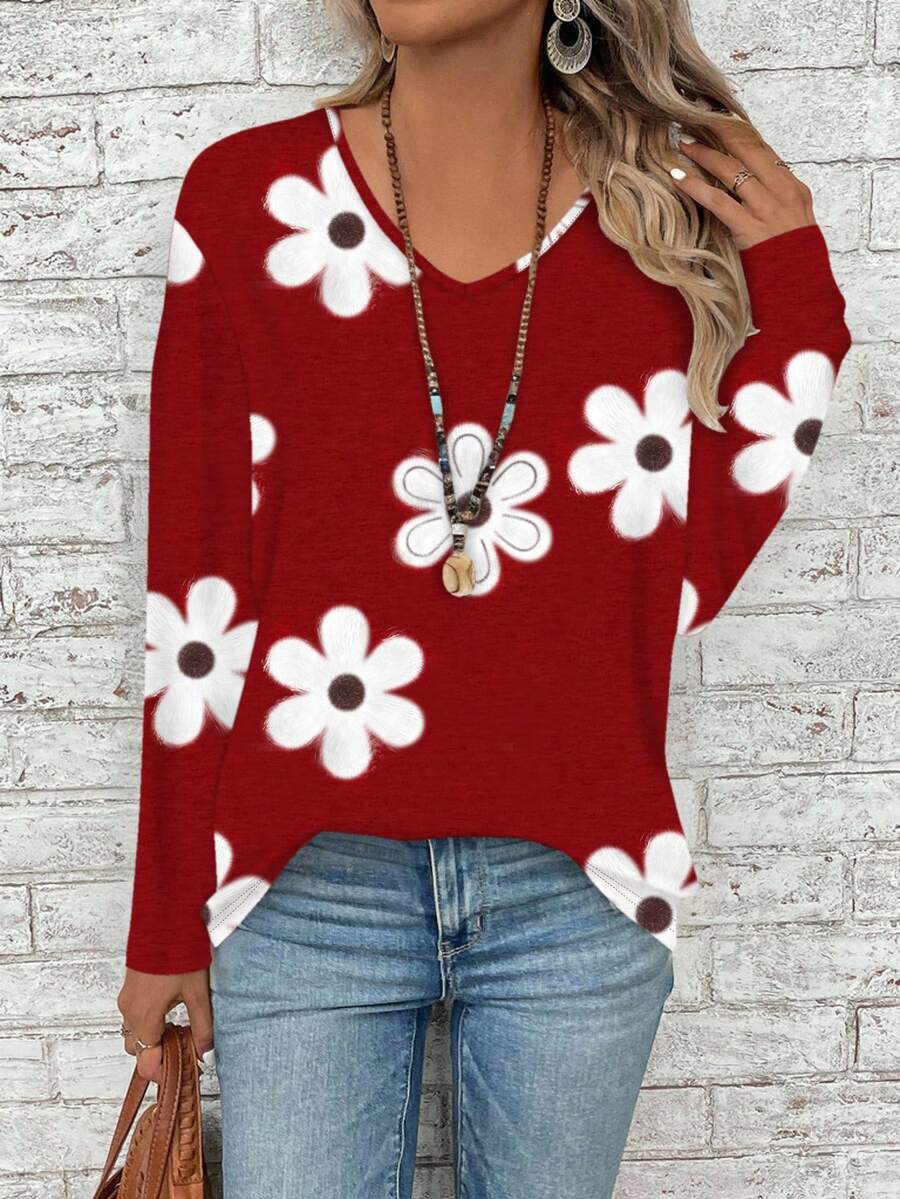 EMERY ROSE Áo thun dài tay dáng rộng, cổ chữ V, in hoa, dành cho nữ cỡ lớn - Đỏ - Xem 1