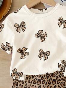SHEIN 猎豹纹蝴蝶结装饰图案休闲圆领短袖上衣和短裤两件套，适合年轻女孩日常穿着，春夏皆宜，休闲时尚，返校季必备 - 彩色 - 查看 5