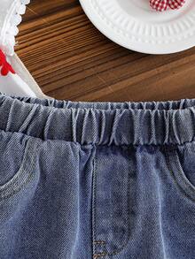 SHEIN Vintaside Kids Baby Girl Casual Floral Embroidery Cap Sleeve Top And Denim Jeans Set, Summer - White - View 4