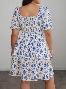 Elenzga 大码女式优雅法式蓝白碎花双层荷叶边短袖连衣裙，夏季 - 彩色 - 查看 2