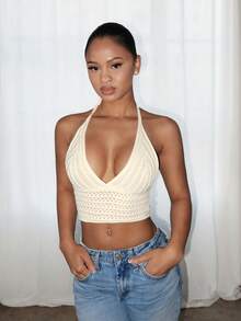 SHEIN PETITE 纯色V领露背针织上衣，适合音乐节穿着 - 白色 - 查看 4