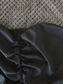 Vibekara Women's Black Polka Dot Patchwork Cropped Top, Sexy Mesh Sheer See-Through T-Shirt - Black - View 6