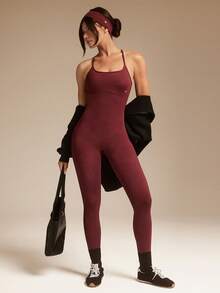 GLOWMODE 26" Softy Velvaire Super Soft Switch Back 2-Way Wear Bodysuit Low Impact Yoga Pilates Studio Daily Casual Wear Removable Cups - Burgundy - View 7