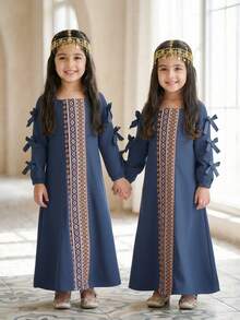 SHEIN 女童纯色方领蝴蝶结装饰休闲连衣裙 - 彩色 - 查看 5