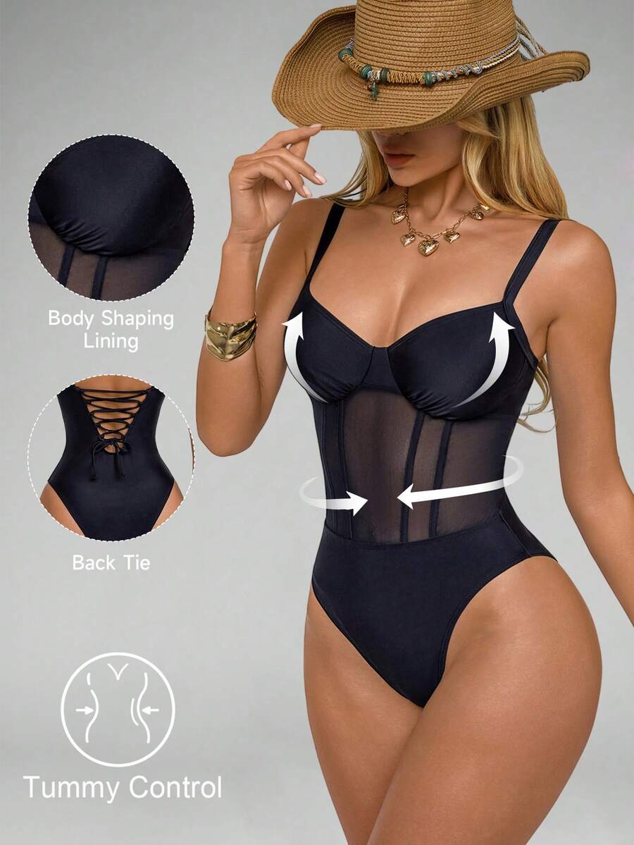 Shapewave 1pc Women's Mesh Tummy Control Backless Halter One-Piece Swimsuit, Black