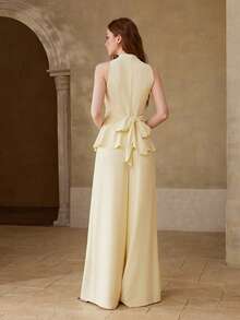 MOTF PREMIUM 女士无袖系带露背荷叶边上衣和阔腿裤两件套，休闲约会装，春夏款 - 淡黃色 - 查看 3