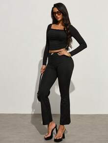 INAWLY 2pcs Women Solid Color Lace Bow Patchwork Long Sleeve Top And Pants Set - Black - View 5