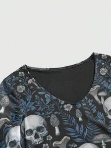 ROMWE Goth Dark Skull, Mushroom & Floral Print Waist Cinched Asymmetric Flare Sleeve Mini Dress - Black - View 3